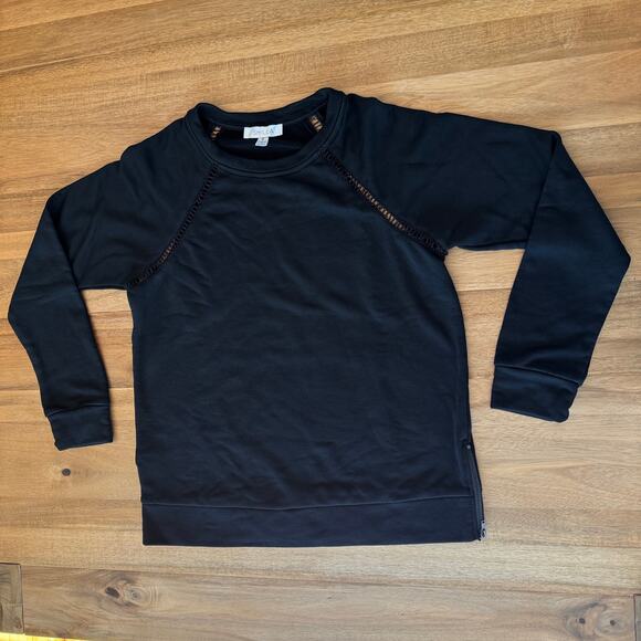 Shilla Lace Trim Sweatshirt Pullover Crew Women Small Black Casual Boho Cozy - Picture 10 of 15